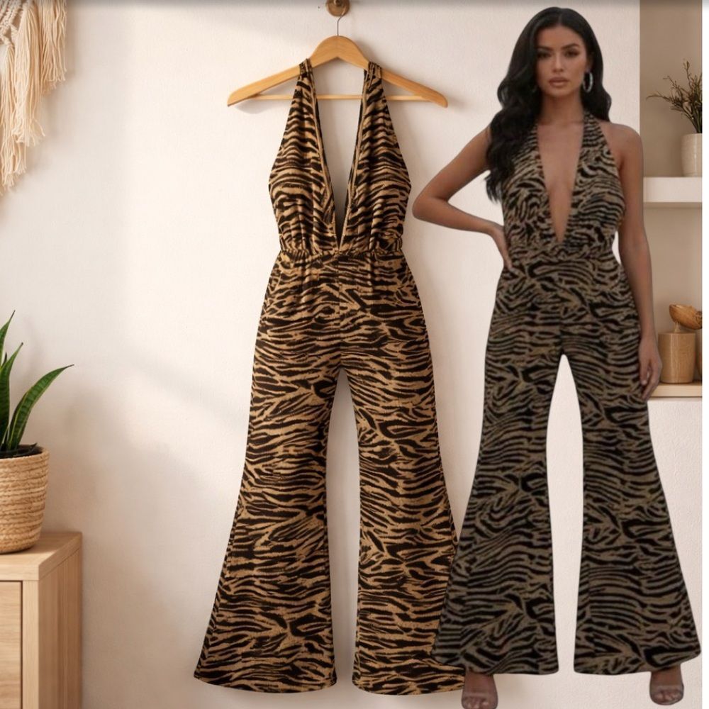 🛍️ PRETTY LITTLE THING Black Brown Sheer Velvet Zebra Print Halter Jumpsuit XS